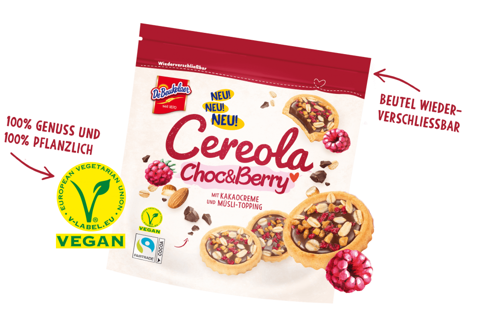 Cereola Choc&Berry - veganer Keks im wiederverschließbaren Beutel